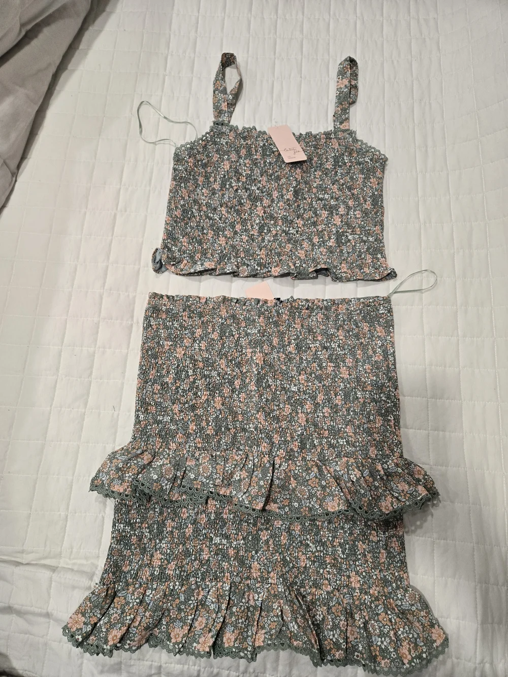 Floral Smocked Crop Top & Skirt Set - Green/Pink